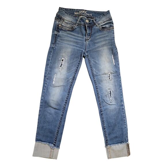 WALLFLOWER Teen Girls Jr Straight Leg Cuffed Distressed Jeans 1 Jr Blue Denim - Picture 1 of 10